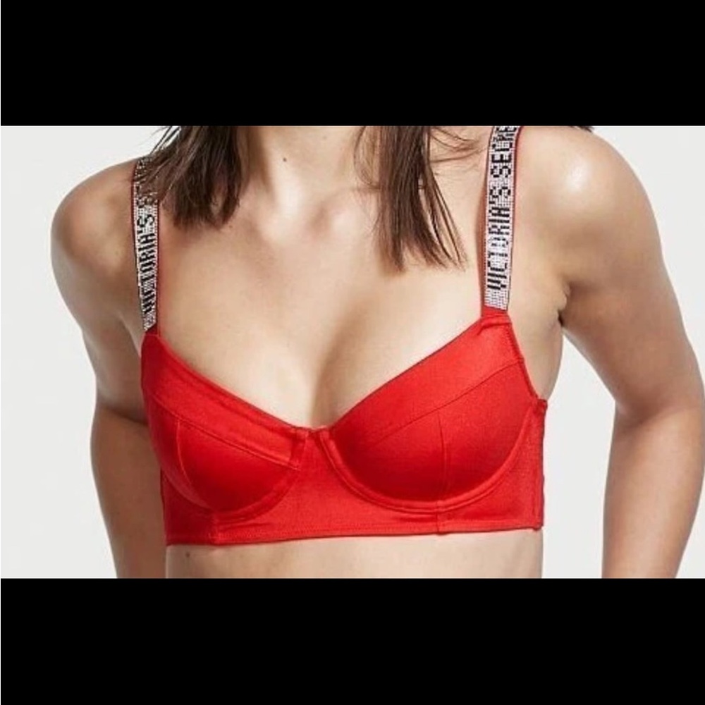 VICTORIAS SECRET SHINE STRAP BIKINI SWIM TOP BLING LOGO 36C NWT